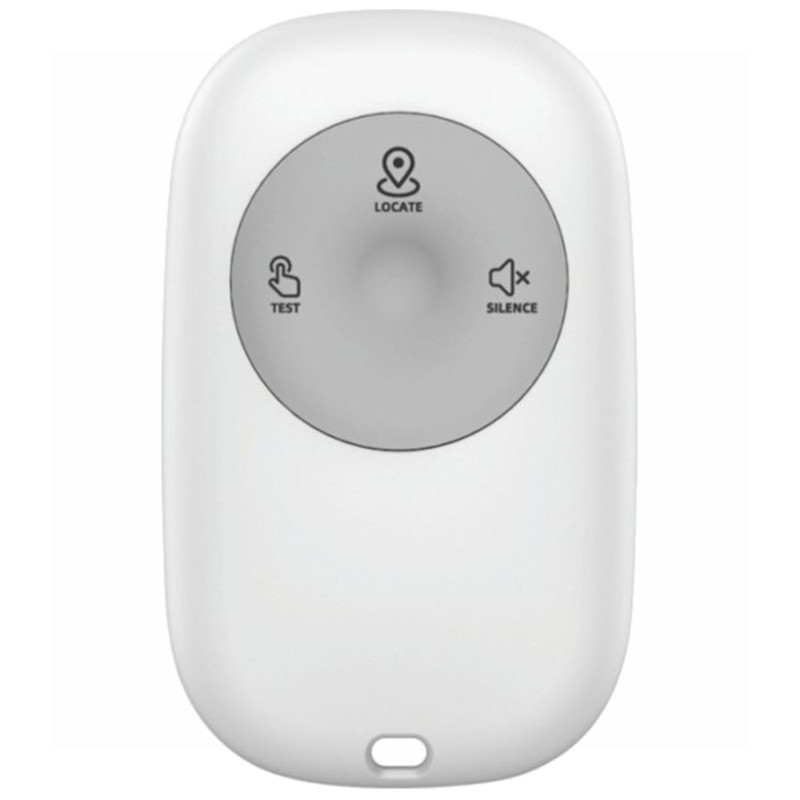 Comando remoto sem fios Heiman HM1RC-W Interligado, corpo branco com disco cinza e botões Test, Locate e Silence, LED inferior e design compacto para alarme - Item