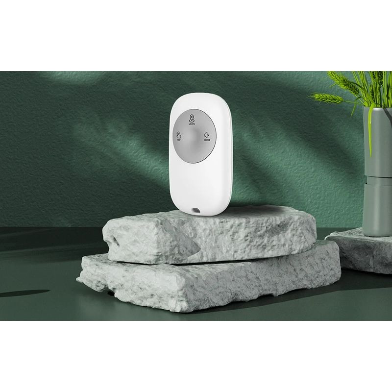 Comando remoto sem fios Heiman HM1RC-W Interligado, corpo branco com disco cinza e botões Test, Locate e Silence, LED inferior e design compacto para alarme - Item6