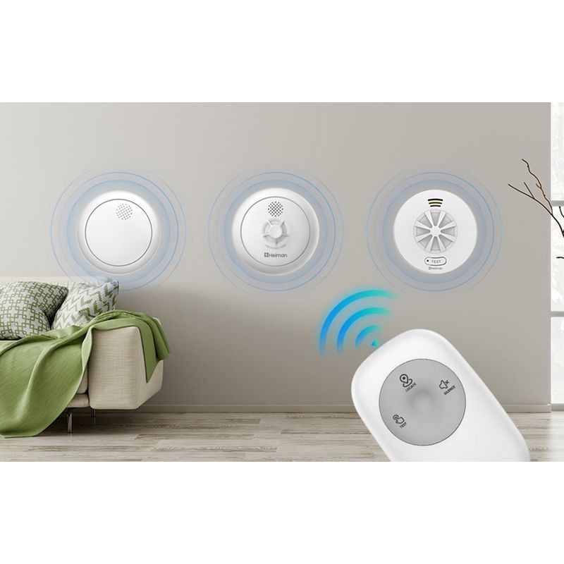 Comando remoto sem fios Heiman HM1RC-W Interligado, corpo branco com disco cinza e botões Test, Locate e Silence, LED inferior e design compacto para alarme - Item7