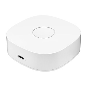 Heiman WS2GW-R WiFi - Switch: hub blanco compacto con bordes redondeados, botón central circular y puerto micro‑USB frontal, diseño minimalista y limpio.