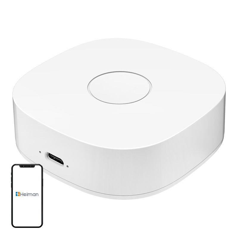 Heiman WS2GW-R WiFi - Switch: hub blanco compacto con bordes redondeados, botón central circular y puerto micro‑USB frontal, diseño minimalista y limpio. - Ítem1