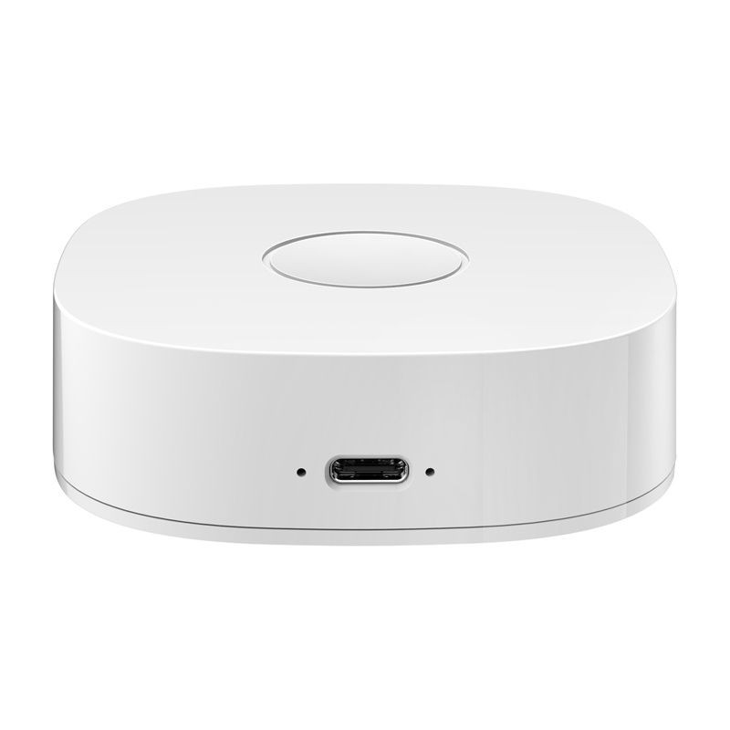 Heiman WS2GW-R WiFi - Switch: hub blanco compacto con bordes redondeados, botón central circular y puerto micro‑USB frontal, diseño minimalista y limpio. - Ítem2