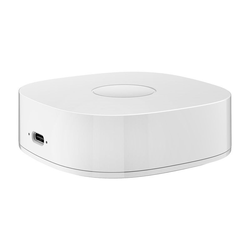 Heiman WS2GW-R WiFi - Switch: hub blanco compacto con bordes redondeados, botón central circular y puerto micro‑USB frontal, diseño minimalista y limpio. - Ítem3