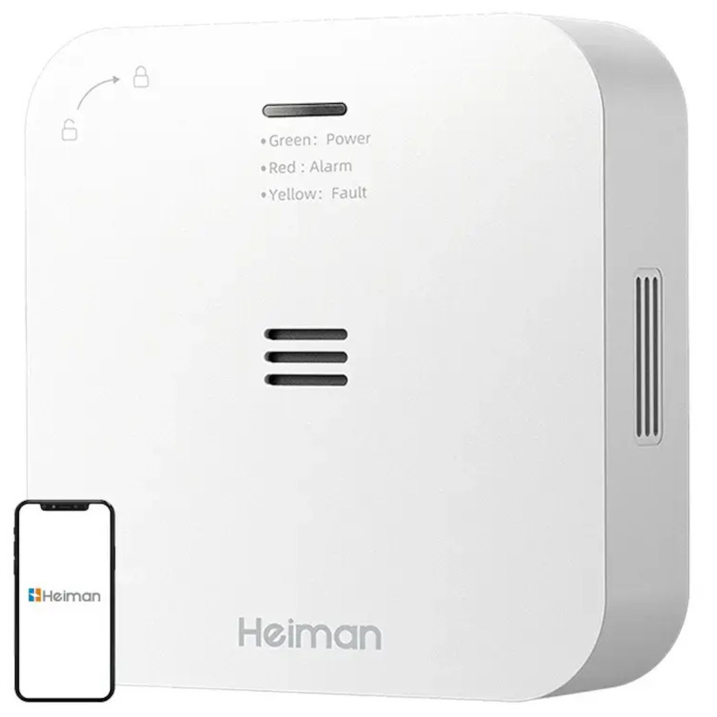 Heiman HM-720ES-W Inalámbrico Detector de CO2 blanco, compacto, pared, rejillas laterales, LED de estado verde/rojo/amarillo y ranura frontal de ventilación - Ítem1