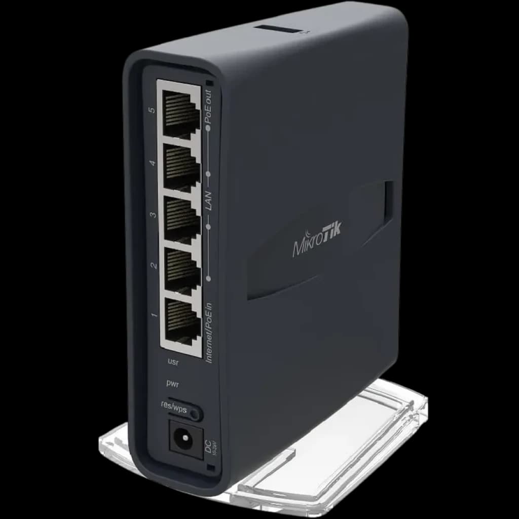 Mikrotic Hap AC2 point d’accès noir vertical, boîtier compact sur socle transparent, 5 ports Gigabit en façade, voyants LED, bouton WPS, connecteur