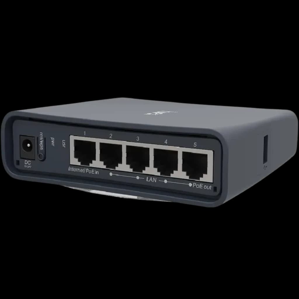 Mikrotic Hap AC2 routeur compact gris, 5 ports Gigabit alignés, étiquetés Internet PoE in LAN PoE out, boîtier sobre avec indicateurs et prise DC
