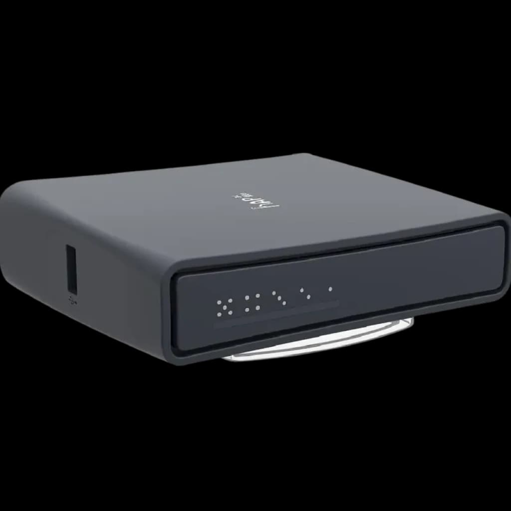 Mikrotic Hap AC2 routeur noir compact, façade LED, 5 ports Gigabit, double bande Wi‑Fi, corps mat avec base circulaire transparente