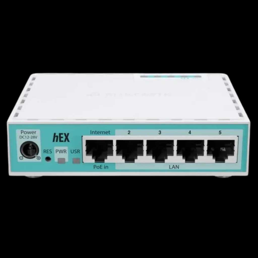 Router MikroTik E50UG hEX branco com 5 portas Gigabit Ethernet, LEDs de status, entrada PoE in e alimentação DC 12–28V, design compacto retangular
