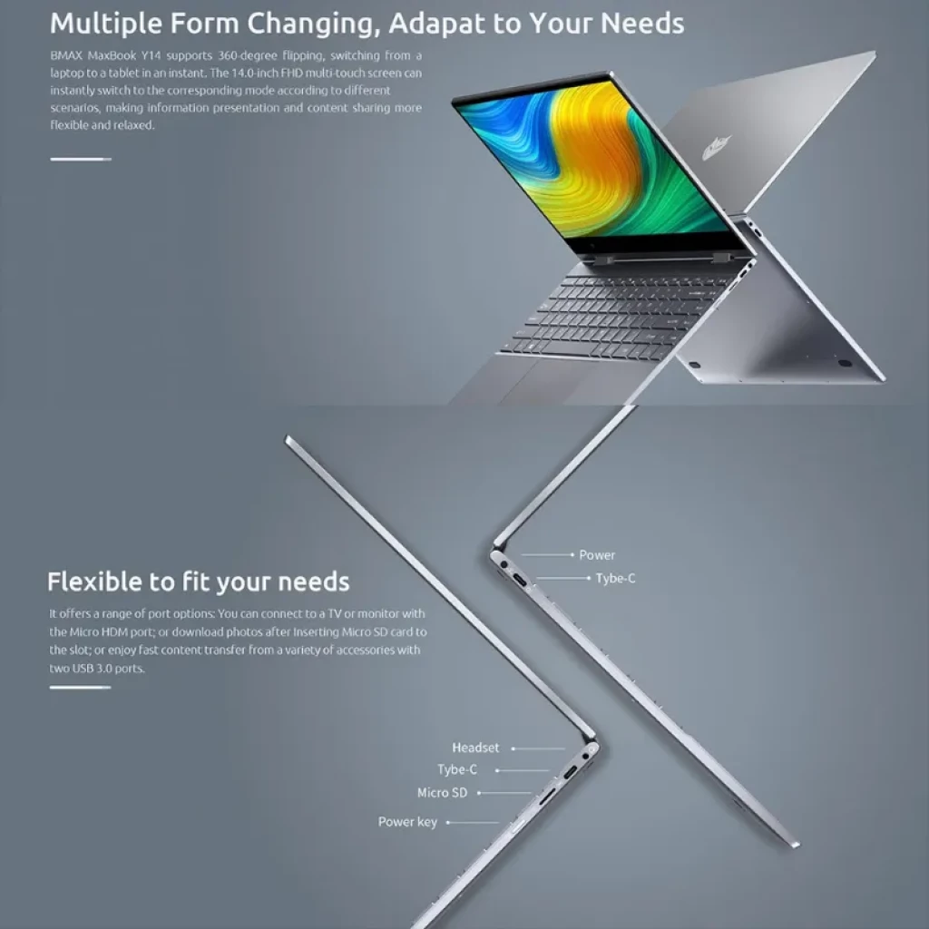 BMAX Maxbook Y14 Flip 360° écran 14 pouces bordures fines, châssis argent, charnière 360 pour mode tablette, affichage vif aux couleurs éclatantes - Ítem8