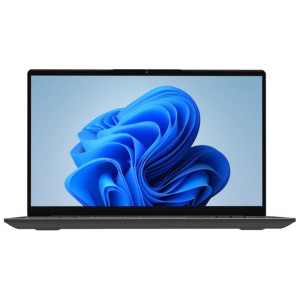 Portátil delgado negro con pantalla 15,6 pulgadas borde a borde, biseles ultrafinos y webcam centrada; teclado chiclet y diseño minimalista moderno