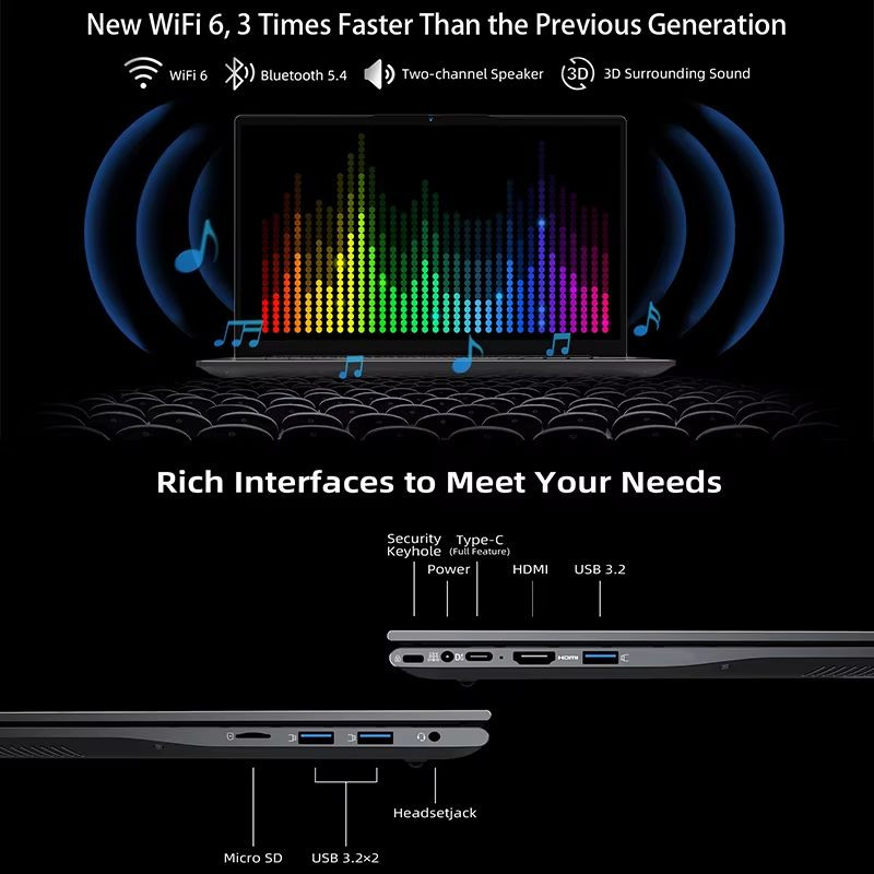 Portátil delgado negro con pantalla 15,6 pulgadas borde a borde, biseles ultrafinos y webcam centrada; teclado chiclet y diseño minimalista moderno - Ítem7