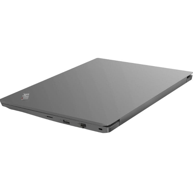 Portátil Lenovo ThinkPad E495 14" cinzento fechado, tampa lisa com logo ThinkPad, design fino, portas USB e HDMI visíveis na lateral esquerda.