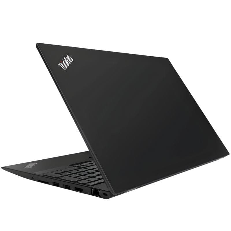 Lenovo ThinkPad T580 noir semi-ouvert, capot sobre avec logo ThinkPad, châssis fin, ports latéraux visibles, design professionnel robuste et épuré