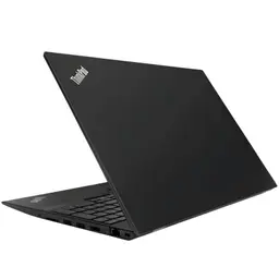 Lenovo ThinkPad T580 noir semi-ouvert, capot sobre avec logo ThinkPad, châssis fin, ports latéraux visibles, design professionnel robuste et épuré
