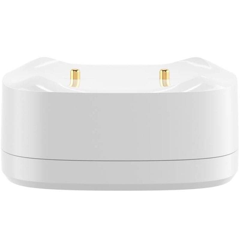 Base branca compacta com dois pinos metálicos dourados no topo; corpo oval em plástico liso. Componente do Sensor inteligente de fuga de água ZigBee SONOFF