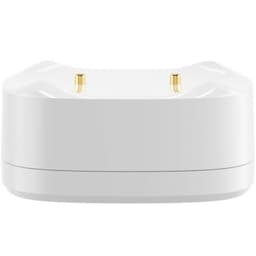 Base branca compacta com dois pinos metálicos dourados no topo; corpo oval em plástico liso. Componente do Sensor inteligente de fuga de água ZigBee SONOFF
