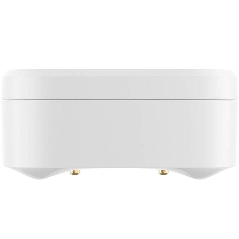 Sensor inteligente de fuga de água/inundação ZigBee SONOFF SNZB-05P com corpo branco compacto, base plana e dois contatos metálicos expostos; inclui bateria