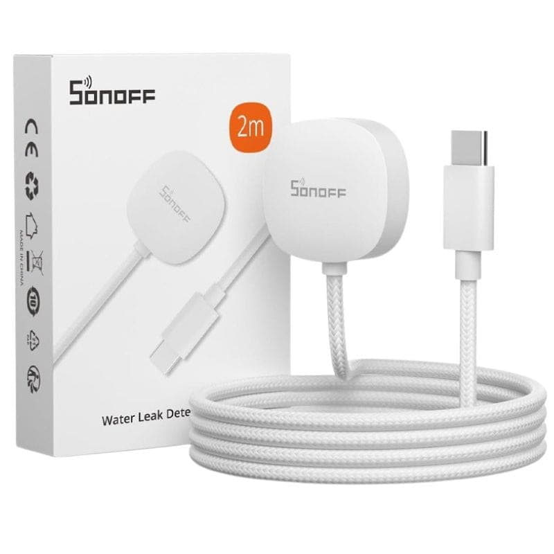 Cabo de extensão trançado 2 m para detetor de inundações/fugas SONOFF WLDC200, conector USB-C, cor branca, flexível e resistente para instalação fácil