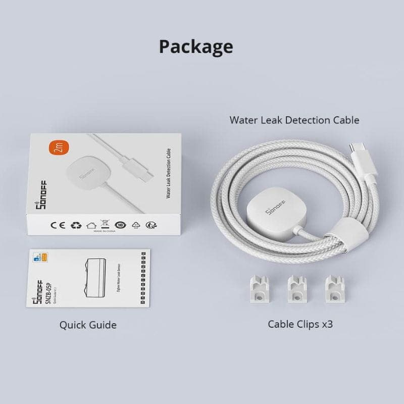 Cabo de extensão para detetor de inundações/fugas SNZB-05P SONOFF WLDC200 com cabo trançado, sensor compacto, conector e 3 presilhas de fixação