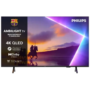 Philips 55PUS8510 55 polegadas QLED 4K com Ambilight, cores vivas, contraste elevado e suporte Dolby Atmos; design fino com pés metálicos