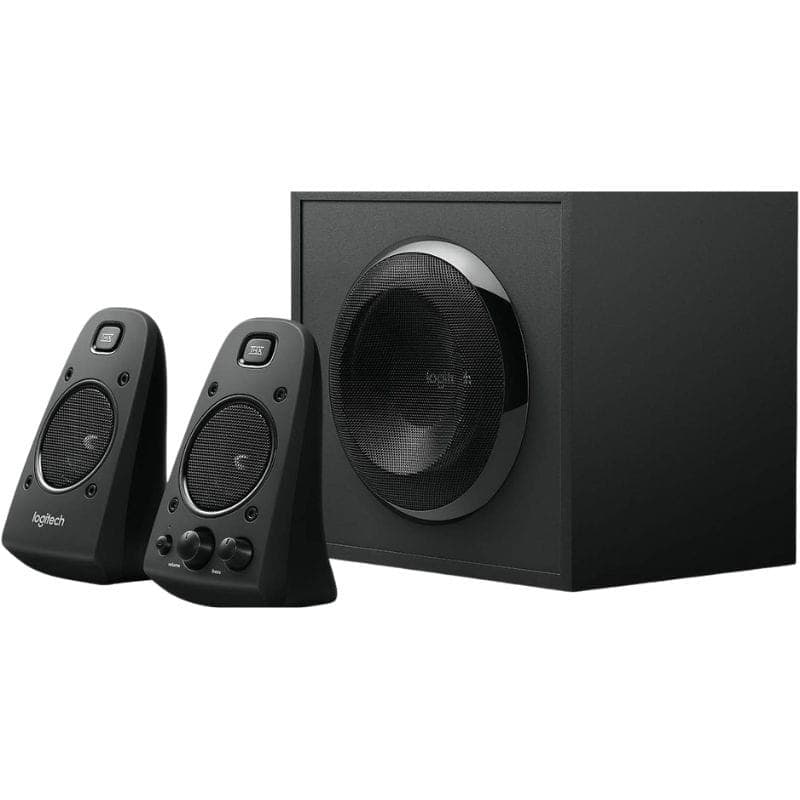 Logitech Z 623 2.1 Altavoces para PC: subwoofer cúbico negro con rejilla frontal y dos satélites inclinados con controles frontales y acabado mate elegante.