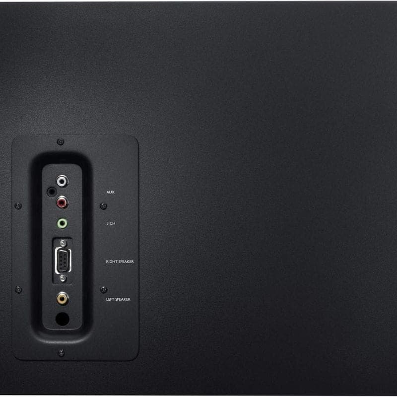 Panel trasero del subwoofer Logitech Z 623 2.1 con entradas RCA, AUX, conector DB-15 para satélites y puerto para control; acabado negro mate.
