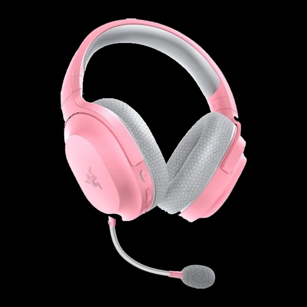 Auriculares Gaming Razer Barracuda X inalámbricos rosa con diadema acolchada, copas over-ear grises de malla y micrófono extraíble con espuma anti-pop
