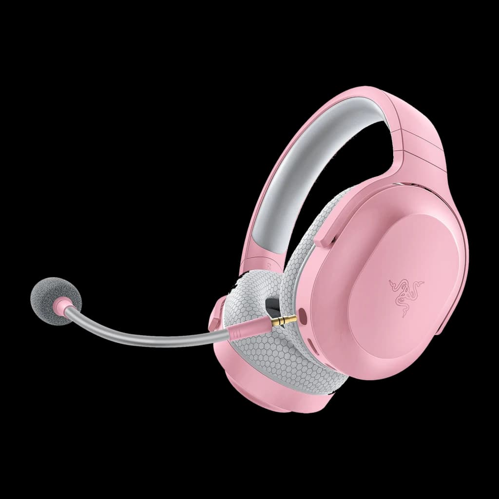 Auriculares gaming Razer Barracuda X rosa con micrófono extraíble con espuma, diadema acolchada y orejeras hexagonales grises, diseño inalámbrico ligero