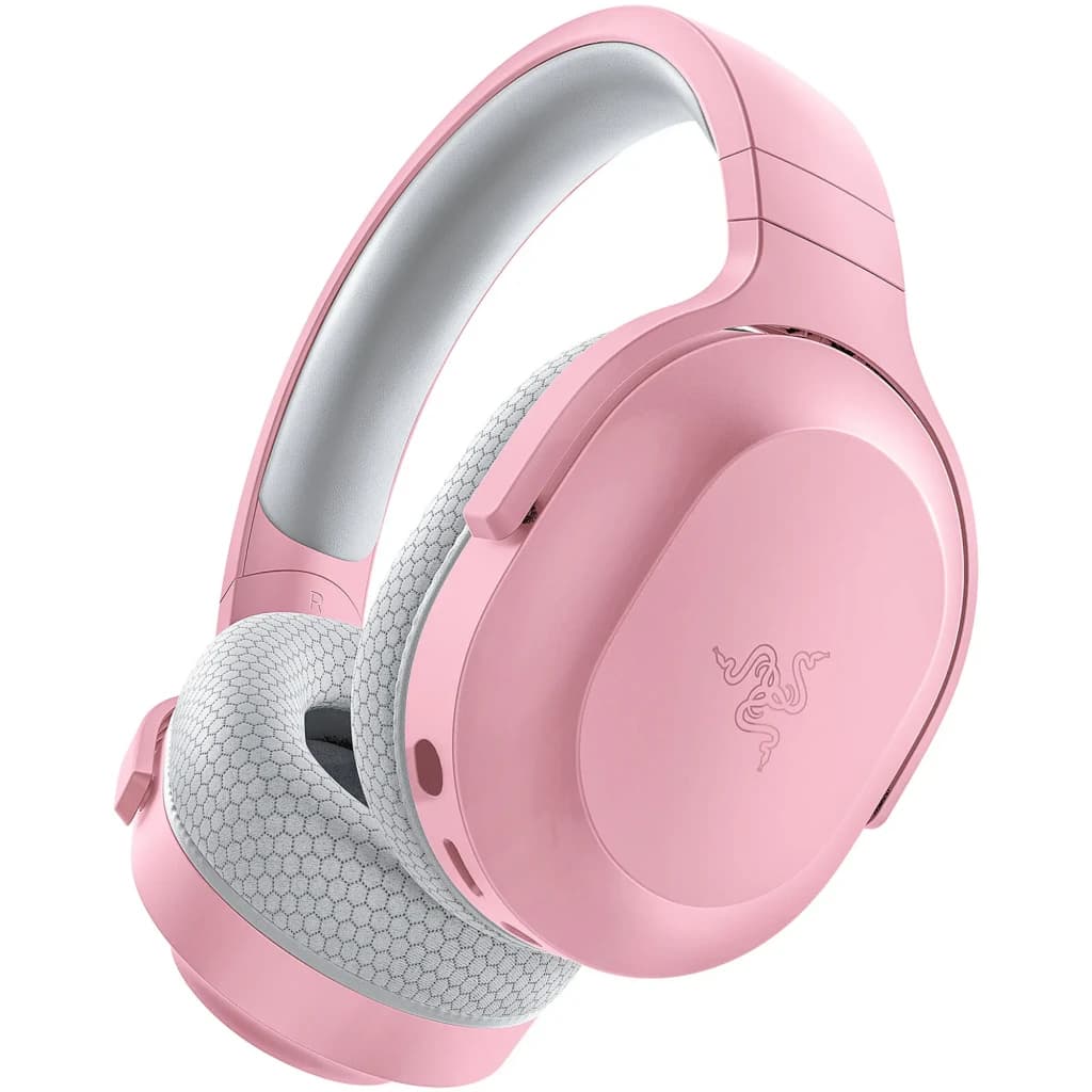 Auriculares Gaming Razer Barracuda X inalámbricos rosa, diadema acolchada gris, almohadillas hexagonales, controles laterales y micrófono extraíble