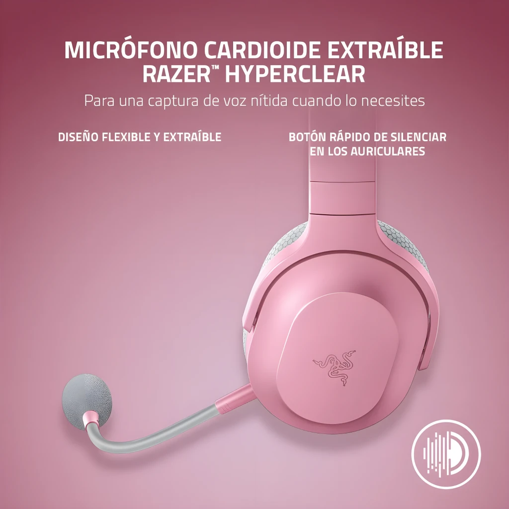 Auscultadores gaming rosa sem fios com microfone amovível, almofadas cinza macias, arco acolchoado e controlos laterais discretos Razer Barracuda X - Item7