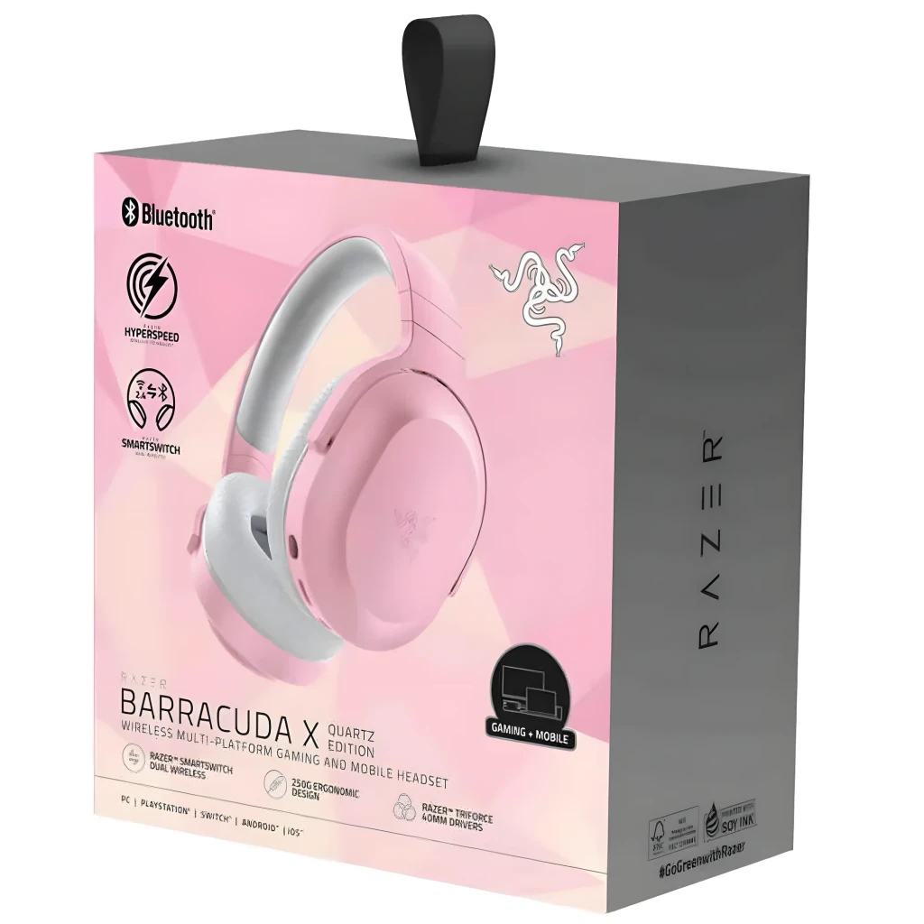 Auscultadores gaming rosa sem fios com microfone amovível, almofadas cinza macias, arco acolchoado e controlos laterais discretos Razer Barracuda X - Item5