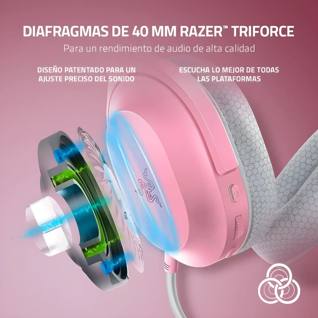 Auriculares Gaming Razer Barracuda X Inalámbrico Micrófono Extraíble en rosa, con diafragmas de 40 mm Razer TriForce, almohadillas acolchadas y luz LED sutil