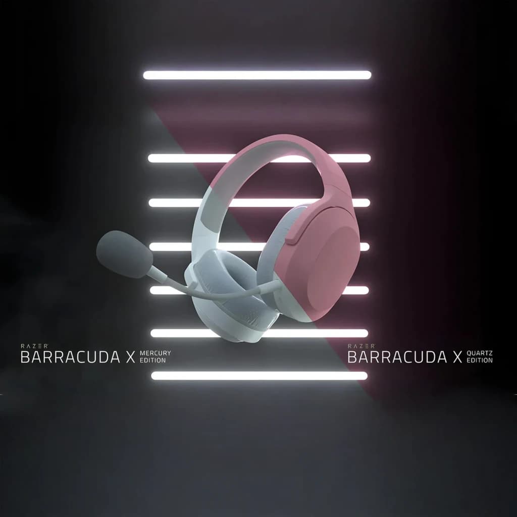 Auriculares Gaming Razer Barracuda X Inalámbrico Micrófono Extraíble en color rosa, diadema acolchada gris y copas over-ear con patrón hexagonal y