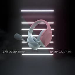 Auriculares Gaming Razer Barracuda X Inalámbrico Micrófono Extraíble en color rosa, diadema acolchada gris y copas over-ear con patrón hexagonal y