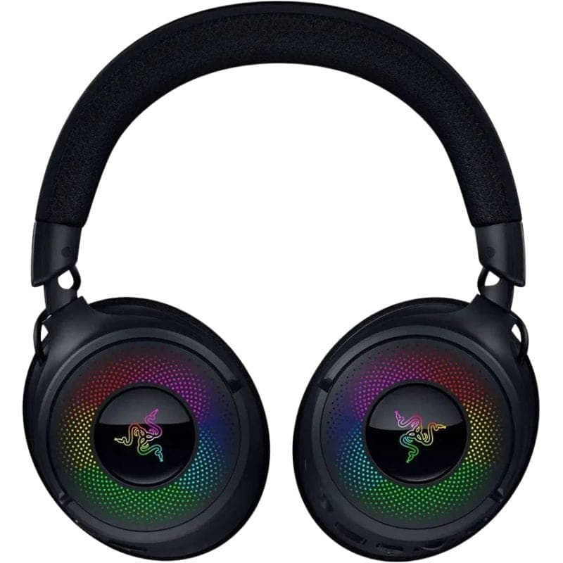 RAZER Kraken V4 - Auriculares gaming negros con copas grandes, diadema acolchada y logo RGB en los laterales; diseño over-ear con malla y acabado premium.