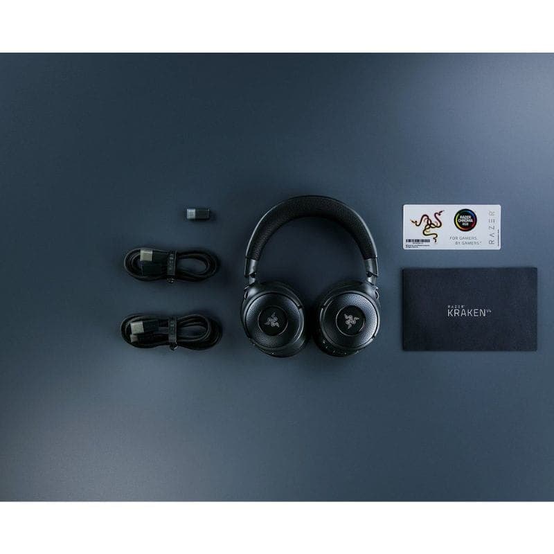 RAZER Kraken V4 – auriculares gaming negros con diadema acolchada y copas circulares RGB multicolor con logo Razer centrado y acabado mate.