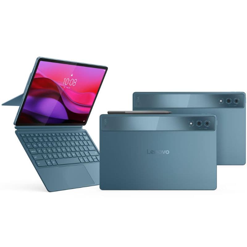 Tablette Lenovo Yoga Tab Plus 12,7" bleu vert, double appareil photo, stylet inclus, étui-support et clavier détachable; design fin, écran bord à bord.
