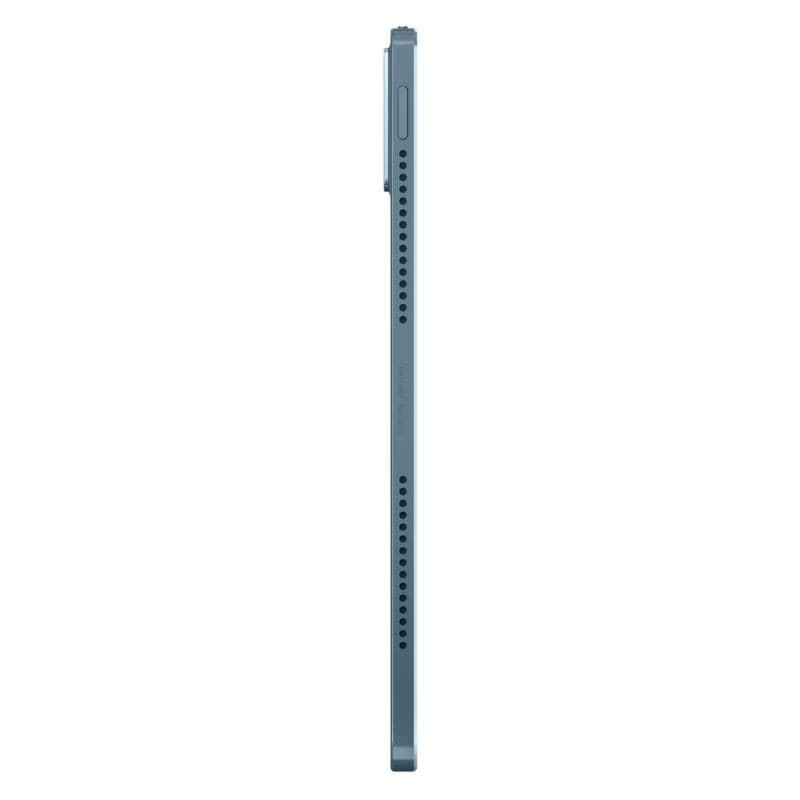 Perfil lateral do Lenovo Yoga Tab Plus 12,7" em verde-azulado, ultrafino, com grelha de alto-falantes e módulo de câmera saliente; inclui caneta, capa e