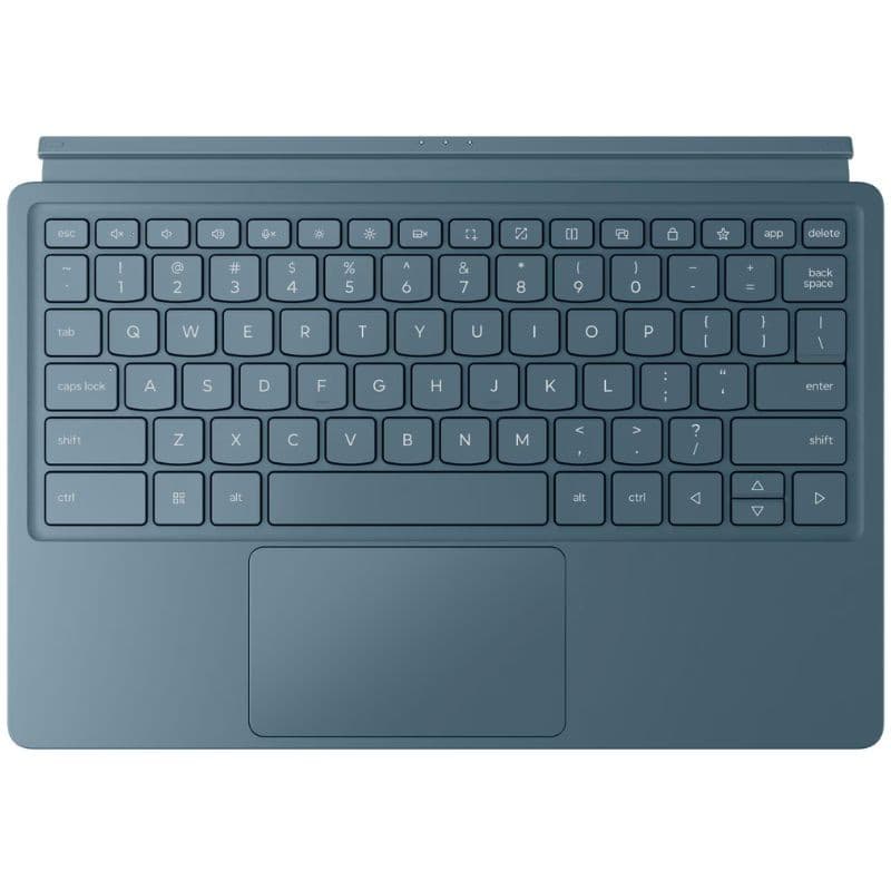 Clavier détachable bleu vert avec grand trackpad et touches rétroéclairées, conçu pour Lenovo Yoga Tab Plus 12,7", compatible avec stylet et étui.