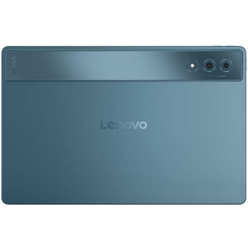 Tablet Lenovo Yoga Tab Plus 12,7" em verde-azulado, traseira lisa com logotipo Lenovo, faixa superior brilhante e dupla câmera alinhada horizontalmente.