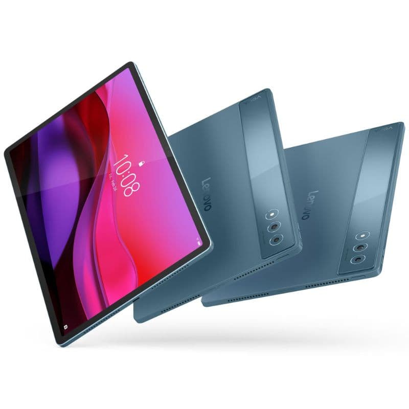 Tablet Lenovo Yoga Tab Plus 12,7" verde-azulado com corpo metálico, bordas finas e câmera dupla traseira; inclui caneta, capa e teclado. 16GB/256GB Wi‑Fi.