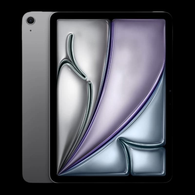 Apple iPad Air 2025 gris 13": grand écran bord à bord, bords fins, caméra arrière unique, finition aluminium élégante, affichage lumineux moderne.