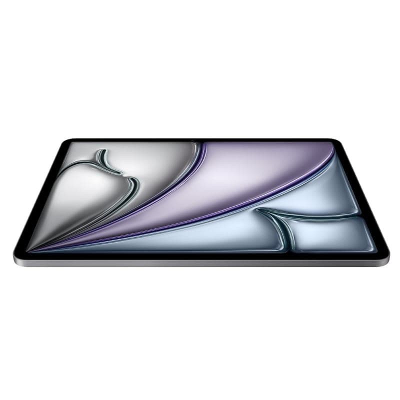 Apple iPad Air 2025 13" gris, écran bord à bord aux bords fins, verre lisse avec reflets métalliques violet/argent, design mince et élégant.