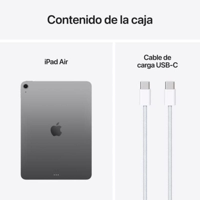 iPad Air 13" gris avec dos aluminium, logo Apple centré, caméra arrière; câble de charge USB‑C tressé inclus, connecteurs USB‑C des deux côtés.