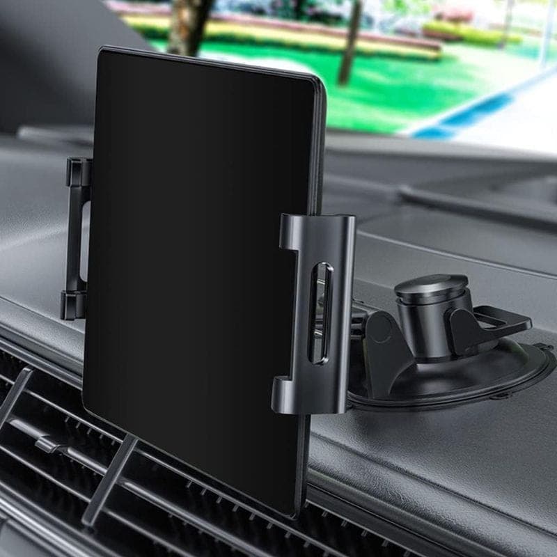 Support universel voiture avec ventouse puissante, bras réglable et pince latérale, maintient fermement les tablettes 5,5–11" sur le tableau de bord.