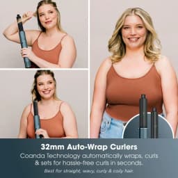 Embouts boucleurs 32 mm auto-wrap couleur ottanio, technologie Coanda pour boucles rapides et nettes, adaptés aux cheveux raides, ondulés, bouclés et crépus
