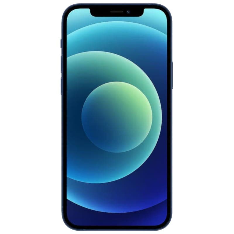 iPhone 12 Mini 256GB azul renovado, estado excelente. Pantalla OLED sin marcos, notch superior y bordes curvos en aluminio azul oscuro. Diseño compacto.