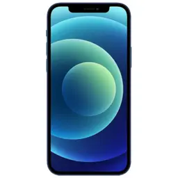 iPhone 12 Mini 256GB azul renovado, estado excelente. Pantalla OLED sin marcos, notch superior y bordes curvos en aluminio azul oscuro. Diseño compacto.