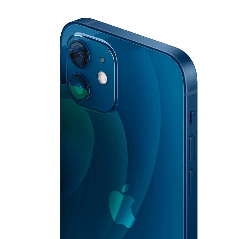 iPhone 12 Mini 256GB azul renovado en excelente estado, chasis angular, doble cámara trasera con flash y lente gran angular, acabado brillante elegante