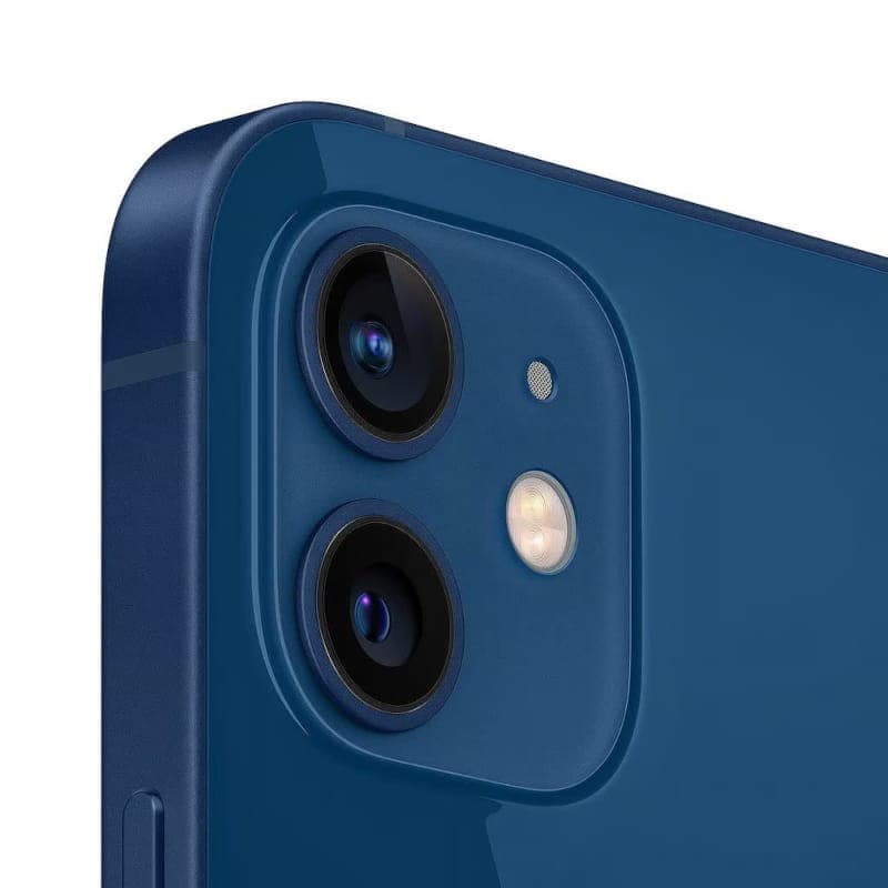 iPhone 12 Mini 256GB azul renovado en estado excelente, cámara dual trasera con lentes grandes, bordes planos de aluminio y acabado brillante elegante